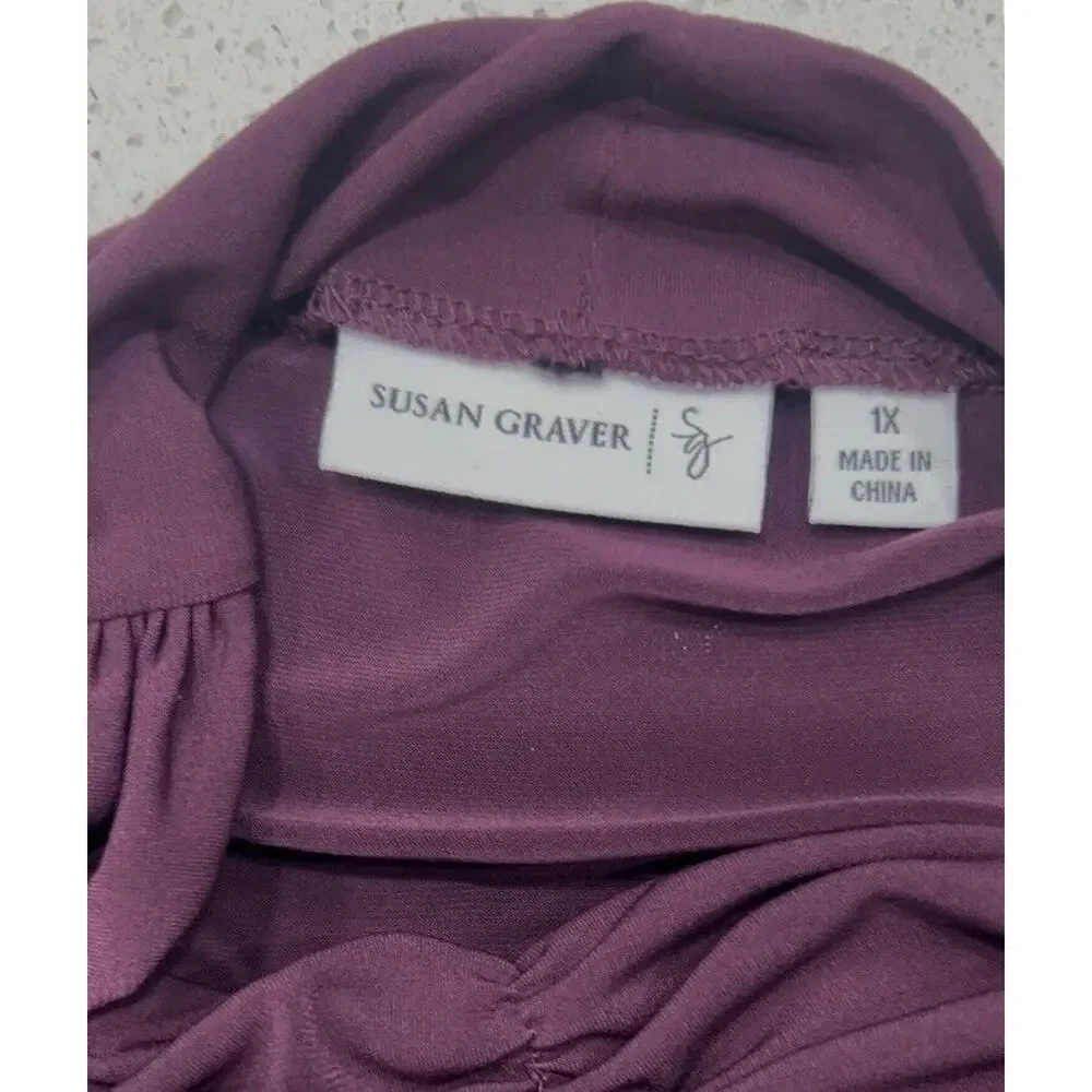 Susan Graver 1X Plum Purple Ruched Turtleneck Stretch Long Sleeve Liquid Knit - Picture 6 of 8
